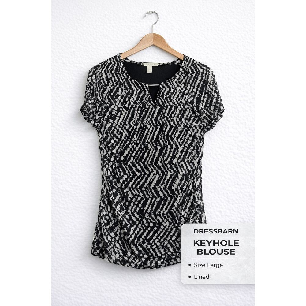 Dressbarn Black White Keyhole Blouse Short Sleeve Lined Size Large